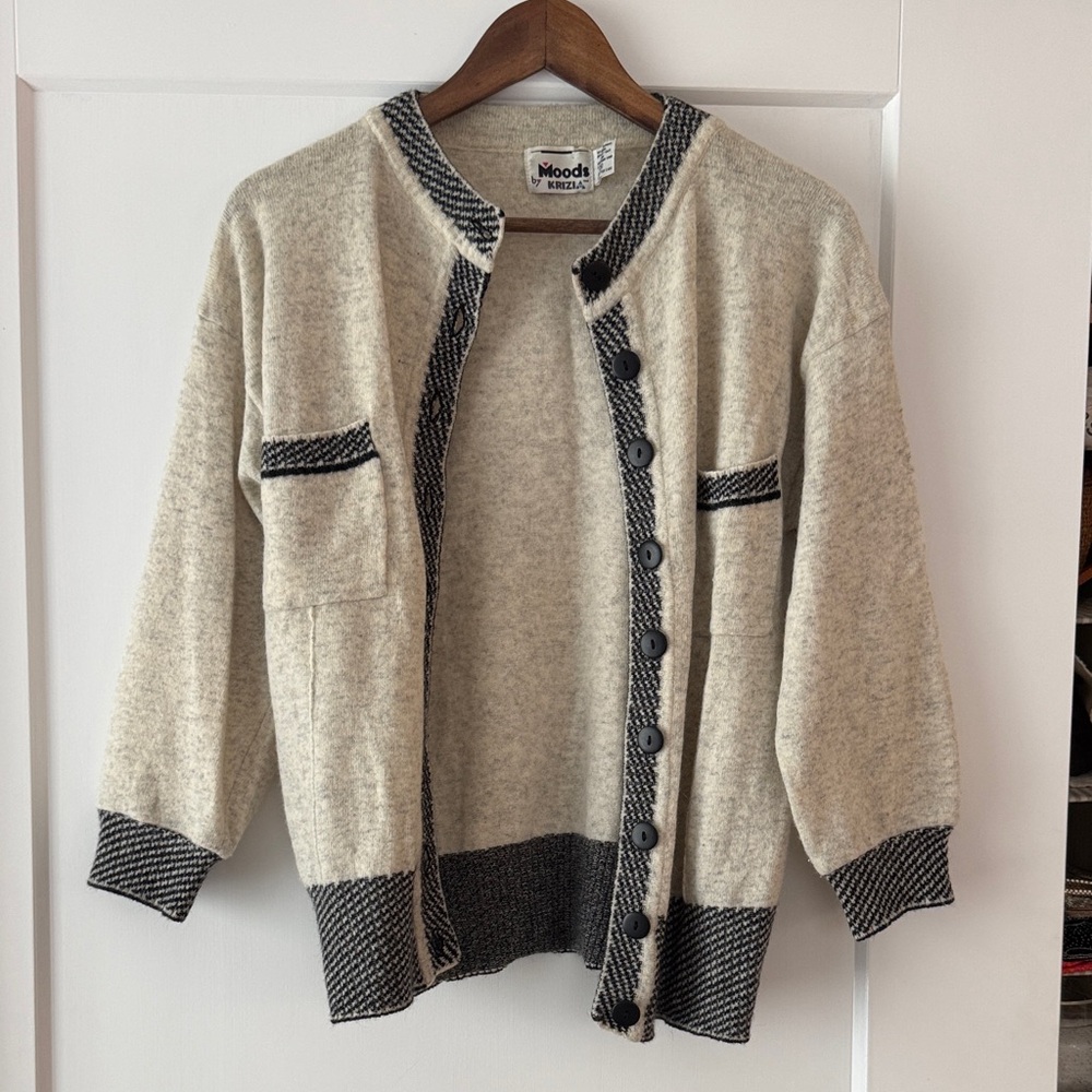 Vintage Cream Cardigan with Black Trim